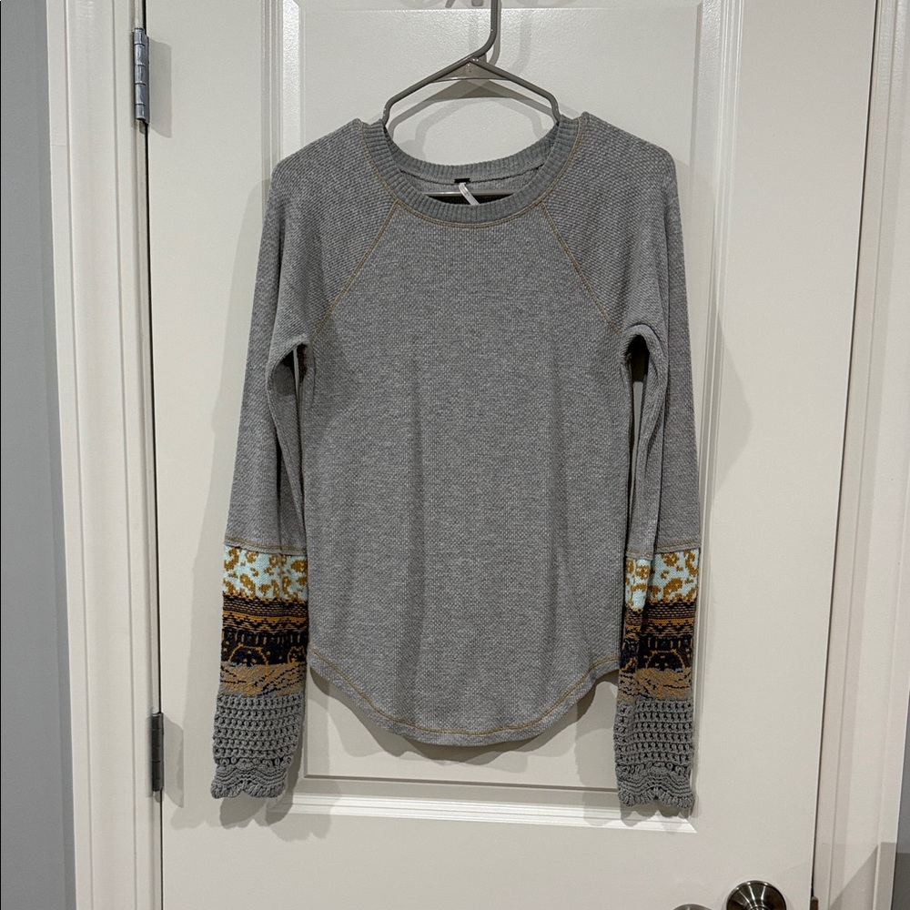 Free People Gray Henley Patterned Long Sleeve Top